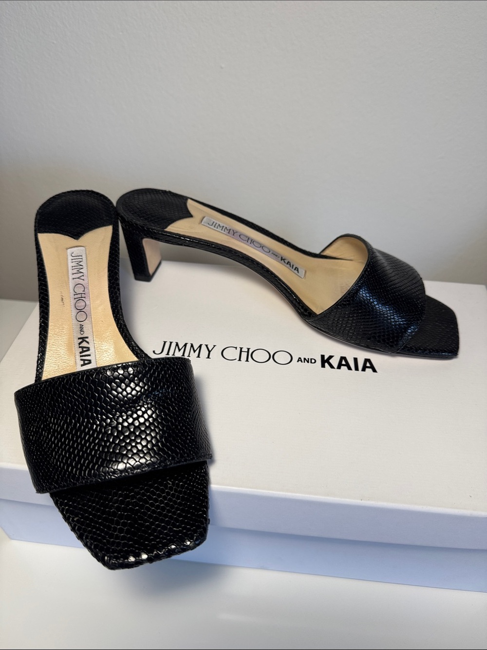 Jimmy Choo x Kaia Gerber Black Leather Slide Heels